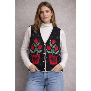 Vintage Floral Knit Sweater Vest Black Cottagecore Folk Embroidered Womens M